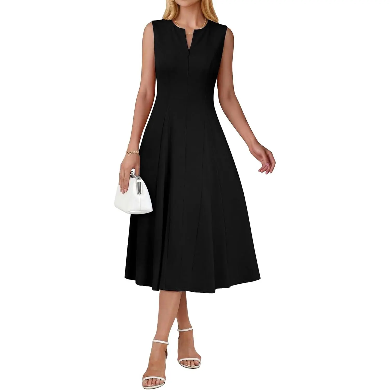 Womens Summer Sleeveless Midi Dress A Line Flowy Zip Up V Neck Semi Formal Modest Dress