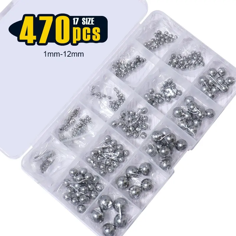 470pcs, Carbon Steel Ball, 17 Sizes 1-12mm Metric Precision Assorted Loose Bicycle Bearing Steel Ball Assortment Kit K