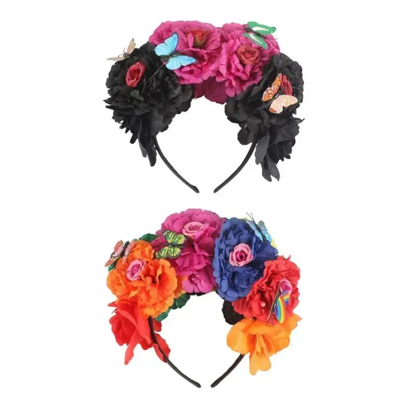 1pc Halloween Simulation Colorful Peony Flower Headband Fairy for Butterfly Mexican Crown Cosplay Day of The Dead Headpiece