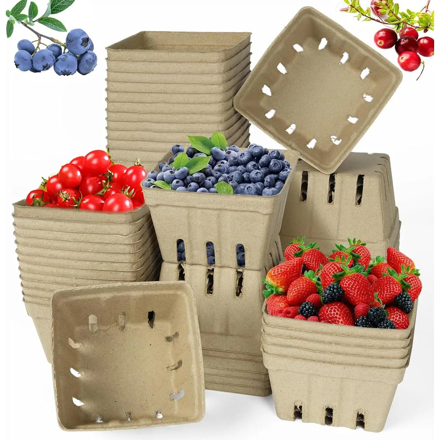 30 Pack  Pulp Fiber Berry Basket, Molded Produce Vented Basket Kitchen Supplies for Strawberry Blueberry Raspberry, fruit baskets,berry containers,strawberry basket,berry,farmers market stand
