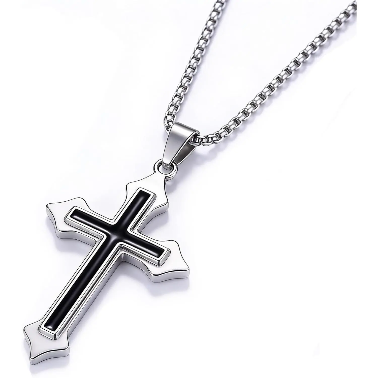 Titanium Steel Plain Cross Pendant Box Chain Necklace for Men, 25-30 Inch Long Length Casual Religious Jewelry, Simple Christmas Stocking Stuffer Surprise Gift for Guys