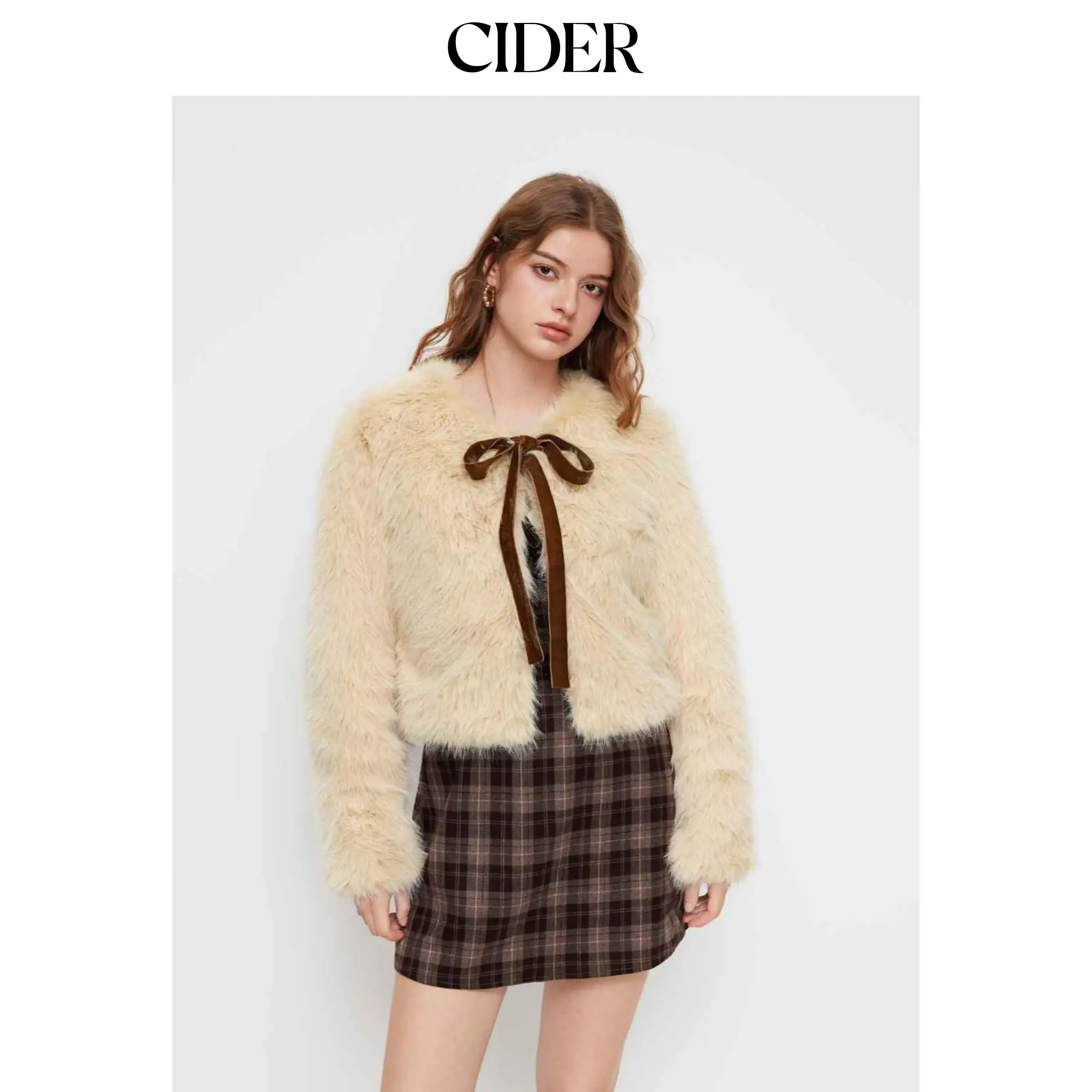 Cider Faux Fur Round Neckline Bowknot Long Sleeve Jacket SohoChic