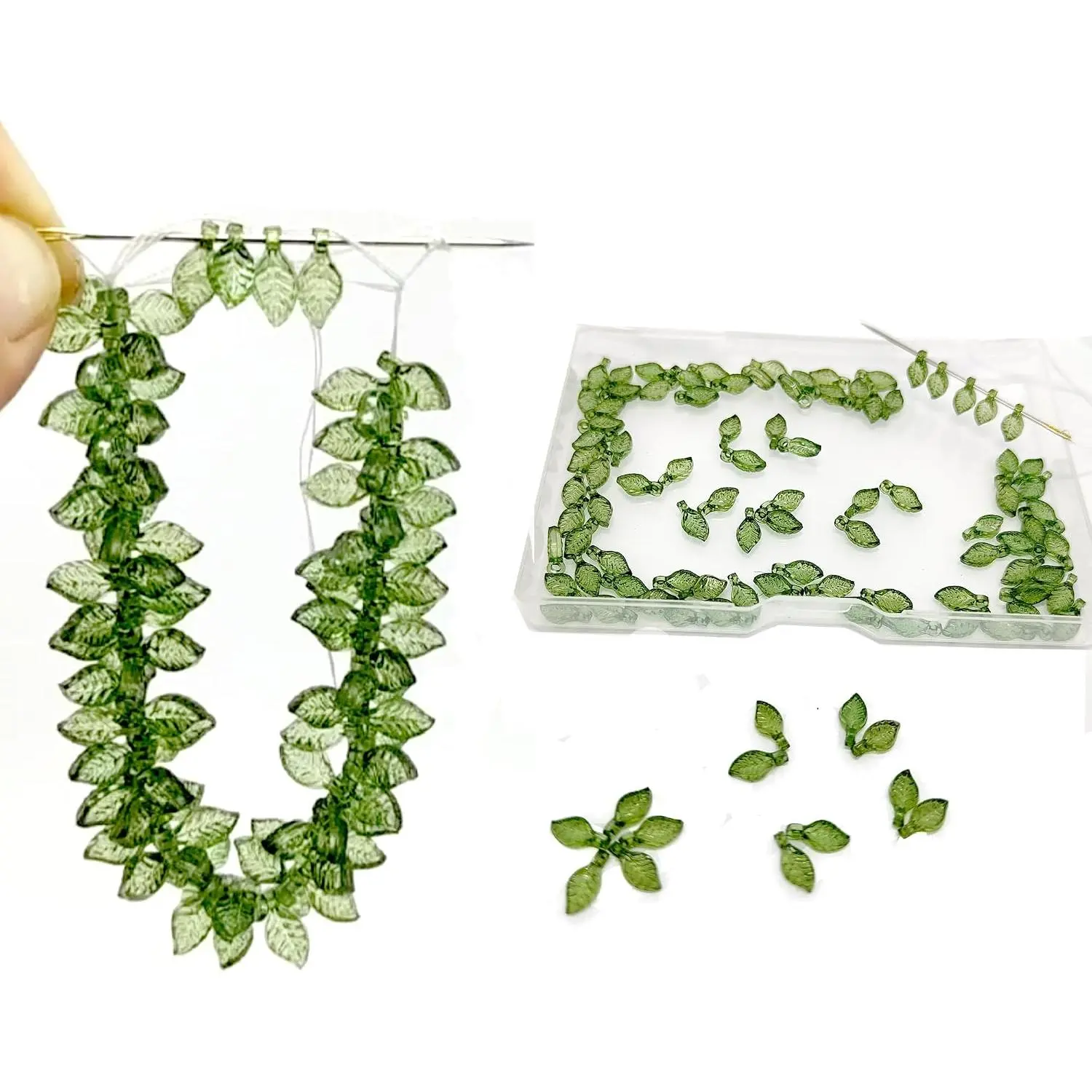 200 count Green Leaf Charms for DIY  –  Transparent Beads for Crafting, Nature-Inspired Pendants for Necklaces, Earrings, Bracelets