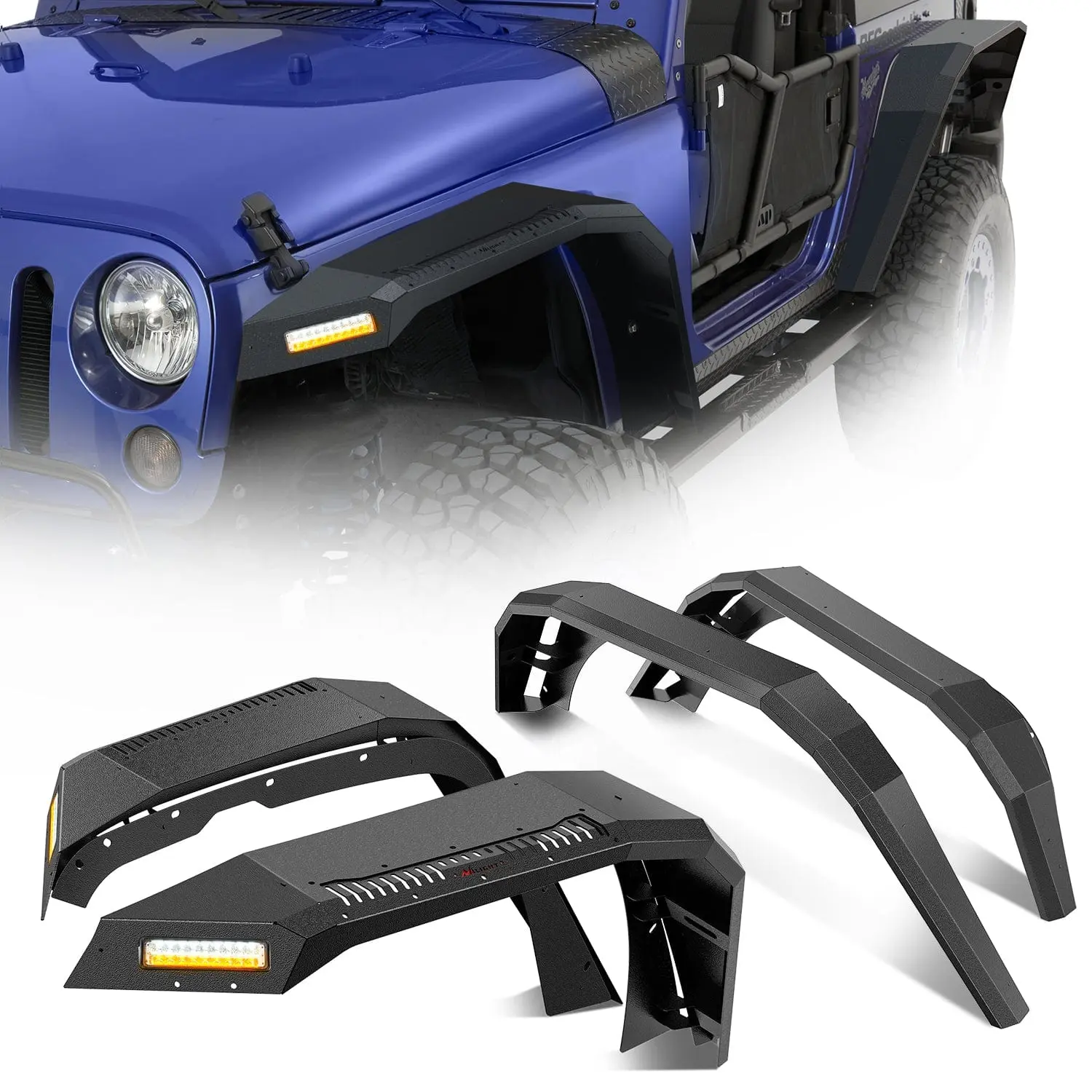 Nilight Steel Front & Rear Fender Flares Set for 2007-2018 Jeep Wrangler JK 2-Door, Aggressive Wide Flat Design w/LED Turn Signal & DRL, Rubber Seals, Mounting Hardware, Perfect Fitment, Ample Tire Clearance, Day-Night Driving Safety