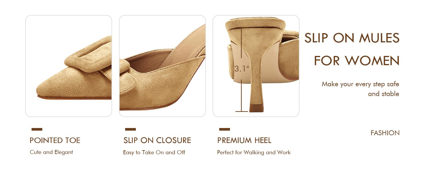 Coutgo Women's Heeled Mules Pointed Toe Suede Buckle Slip On Sandals Kitten Heels Party Wedding Shoes