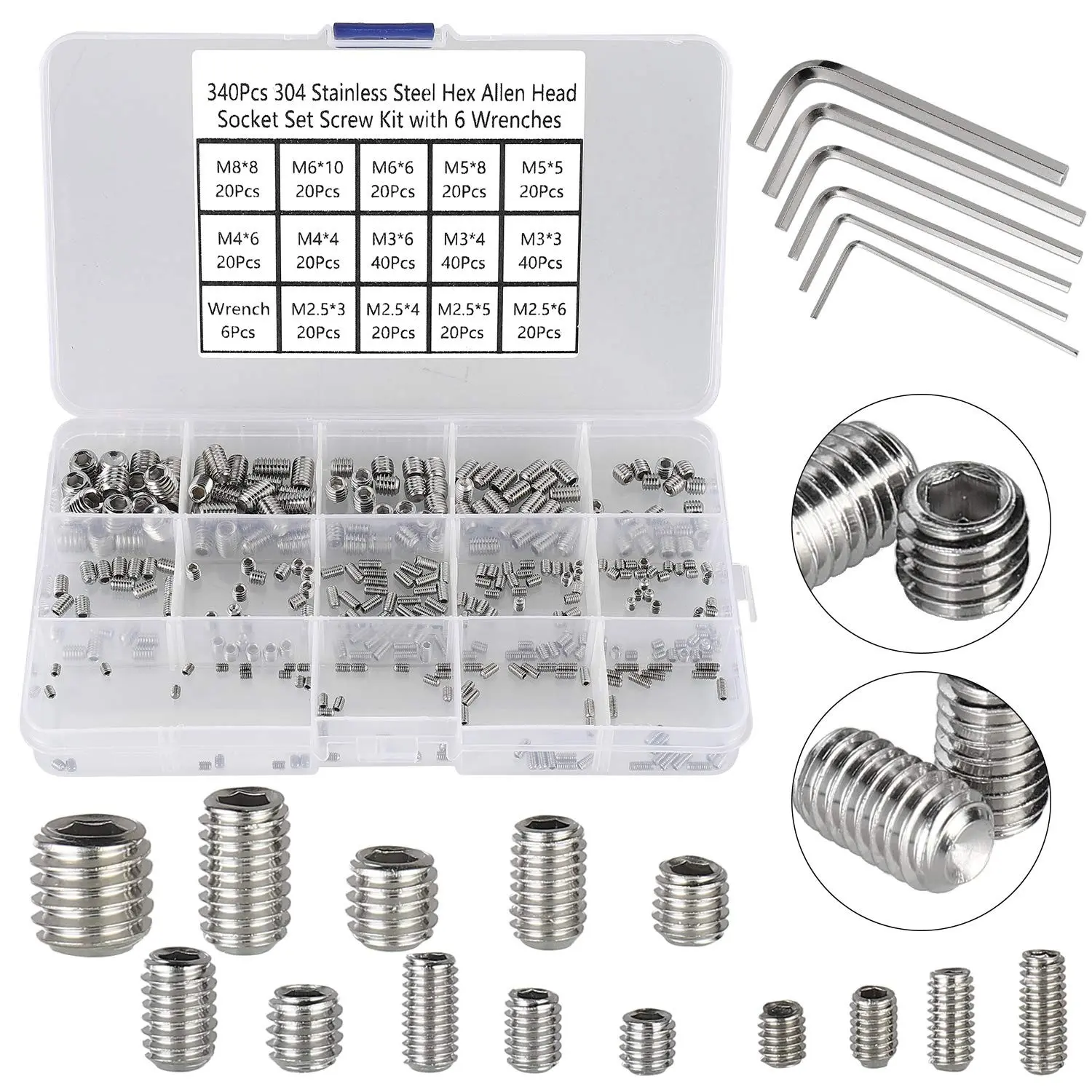 340Pcs M2.5-M8 Metric Hex Socket Head Cup Point Set Screws Assortment Kit, Allen Head Grub Screws, Internal Hex Drive Headless Screws with 6 Hex Wrenches, 304 Stainless SteelGift