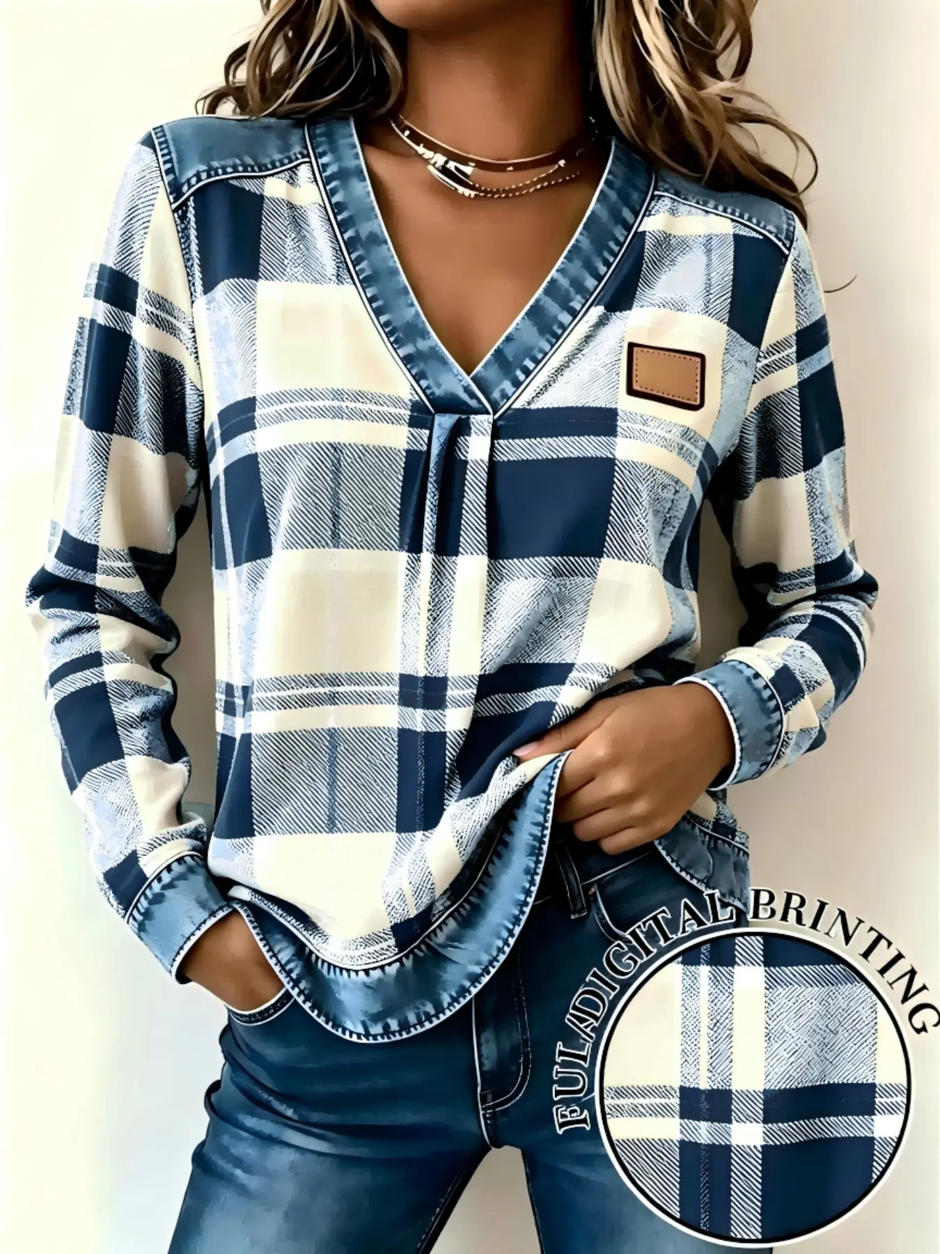 New Spring Summer Women's V Neck Long Sleeve Top, Color Block Plaid Pattern, Fake Denim Patchwork Print, Casual Fun Shirt