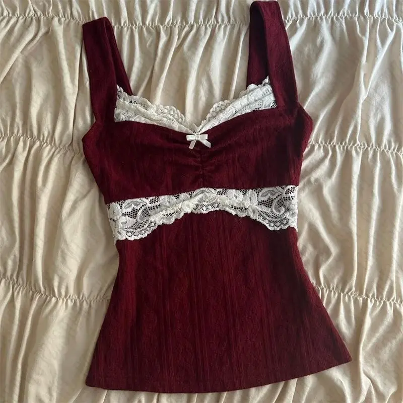 Gothic Punk Grunge Y2K Women's Lace Camisole Top Sexy Slim Chic Fashion Bow Knitted Casual Crop Top Harajuku Emo Girl Streetwear