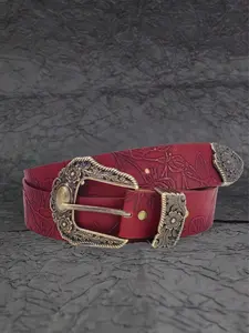 Men's Boho Belt, Wine Western Style Buckle, Plain Pattern, All-Season Accessory, Perfect for Streetwear & Daily Wear