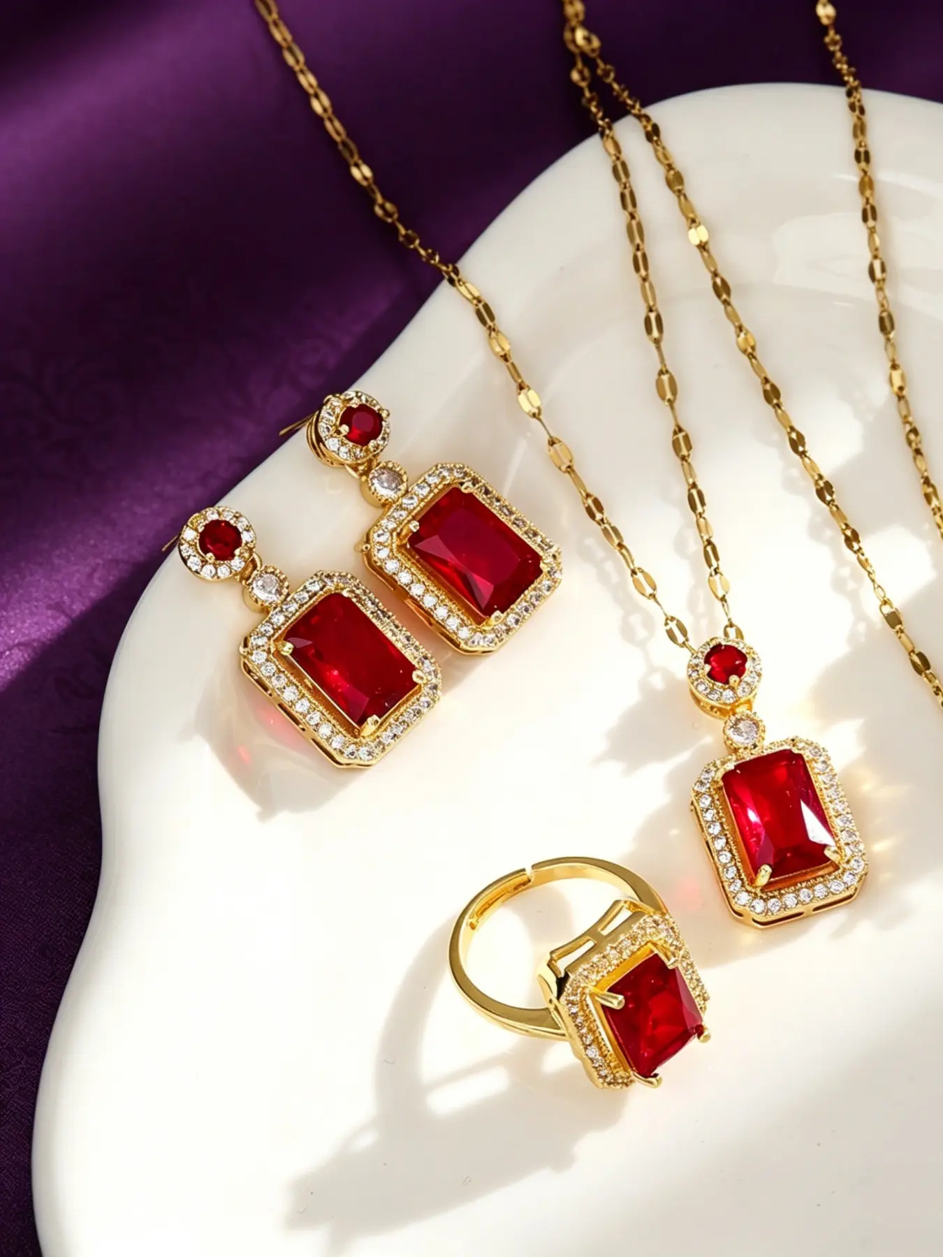 4PCS 18K Gold Plated Rectangle Emerald Ruby CZ Jewelry Set Double Halo Pendant Necklace Drop Earrings Adjustable Open Ring Waterproof Stainless Steel Vintage Banquet Jewellery Gift Set for Women