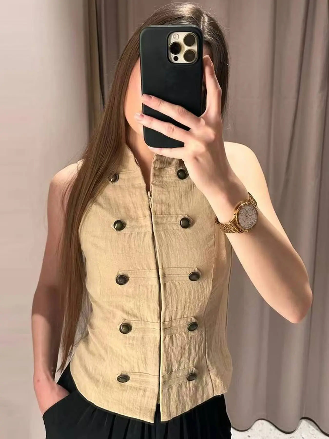 Women's Crop Button Vests Fitted Vest Button Placket Vest Women's Tops Summer 2026 Female Black Khaki Double Breasted Plain Waistcoat Lady Fashion Sleeveless Zip Up Top Women Elegant Office Commute Business Daily Casual Gilet
