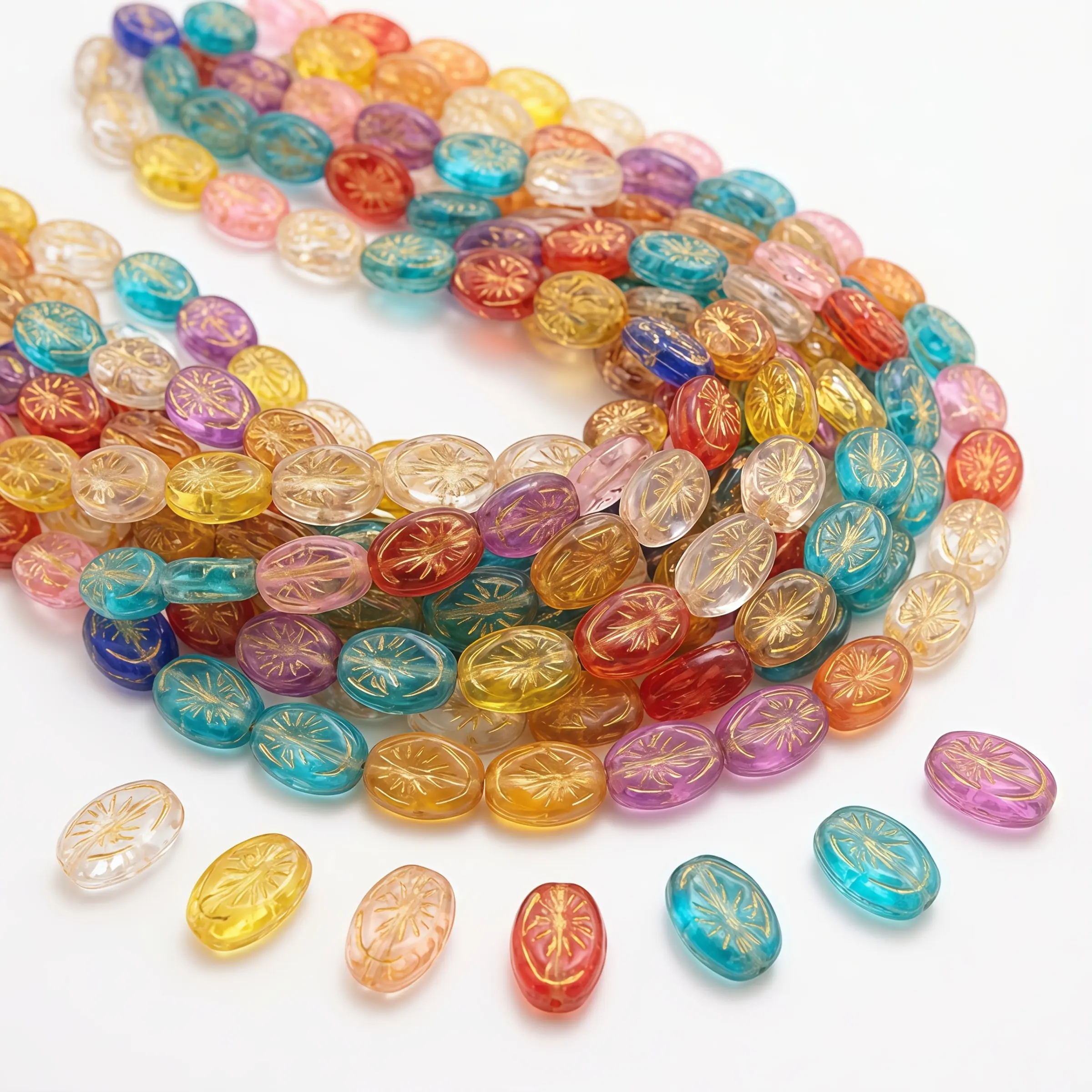 50pcs Golden-Filled Czech Glass Beads Suitable for DIY Jewelry Making - Multicolor Sunburst Oval Bohemian Beads with Embossed Ray Patterns, Flat Oval Decorative Glass Beads for Bracelets, Necklaces, (Czech Republic Glass)
