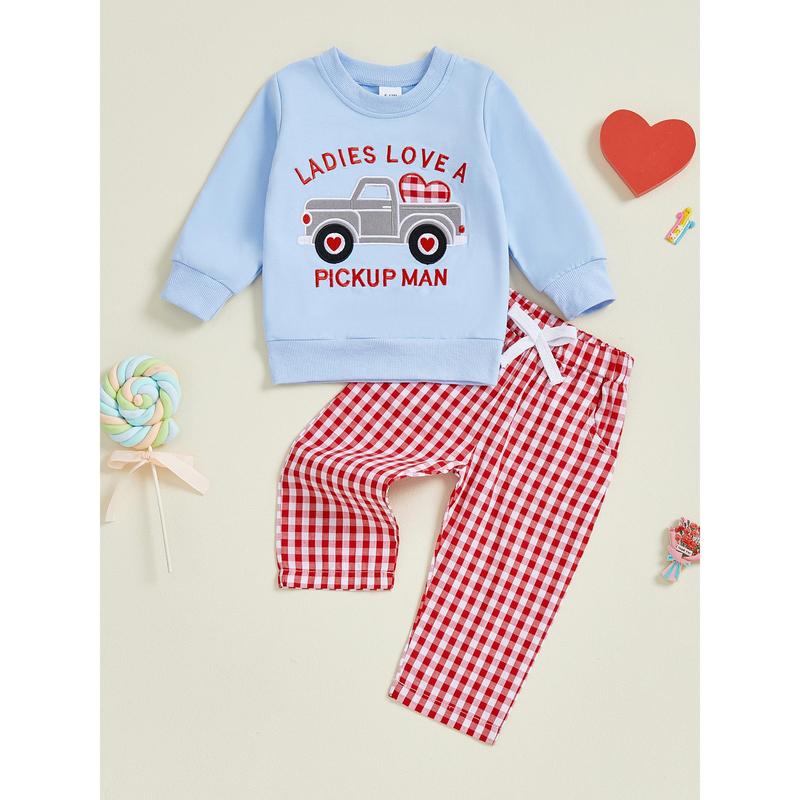 Toddler Baby Boy Outfits Valentine's Day Truck Heart Print Pullover Sweatshirt and Plaid Pants Spring Winter Set 6M-4Y