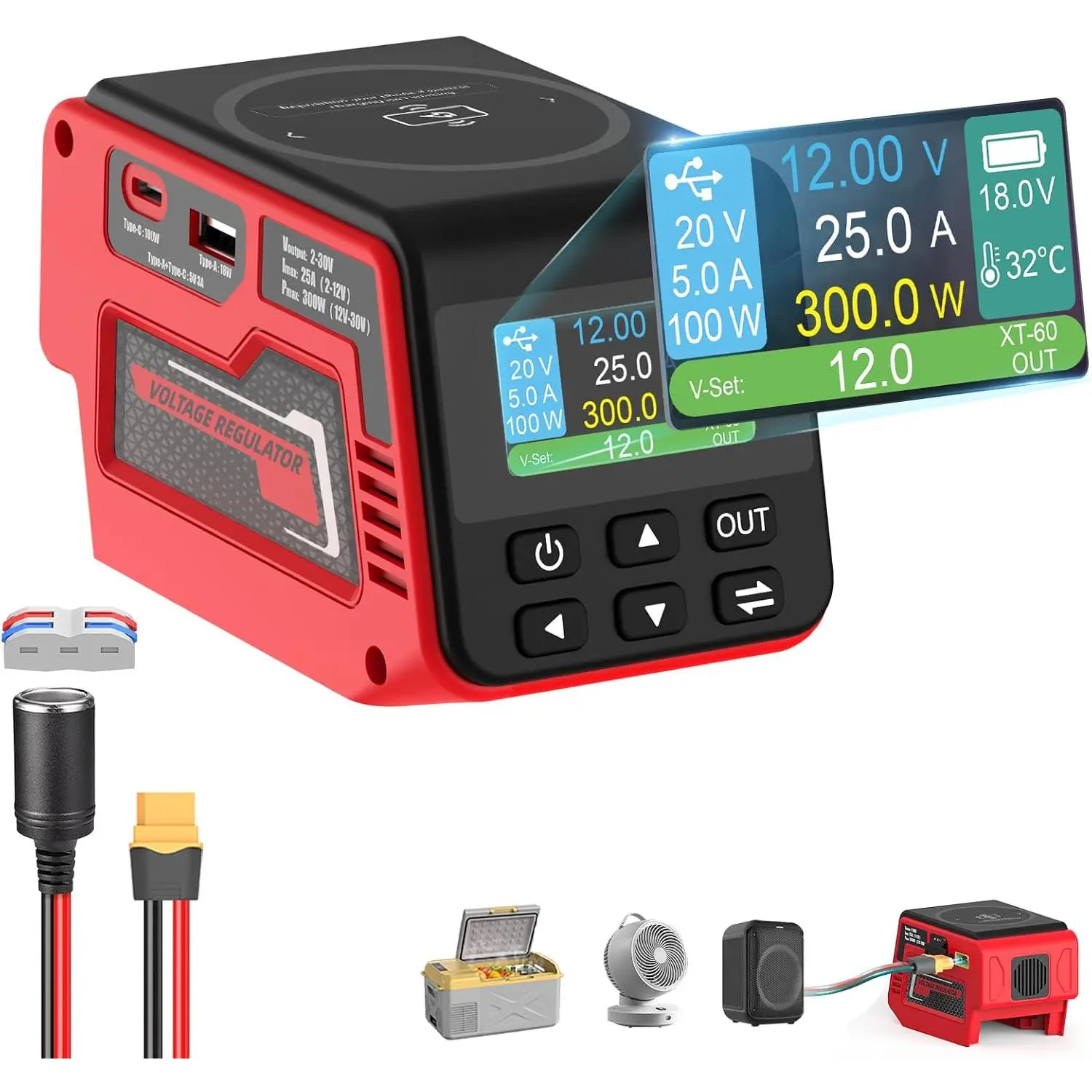 300W Power Voltage Regulator for Milwaukee 18V Battery, 2-30V Adjustable DC Output, 140W Type-C PD Fast Charger, 15W Wireless Charger, LCD Display (Battery Not Included)