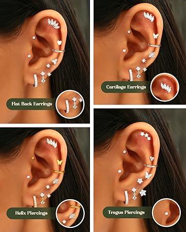 MILACOLATO Threadless Flat Back Earrings Hypoallergenic - 9 Pairs 316L Surgical Steel Push in CZ Studs & Hoops Set for Women Men 14K Plated Gold Cartilage Tragus Helix Nose Piercing Jewelry 16G 18G