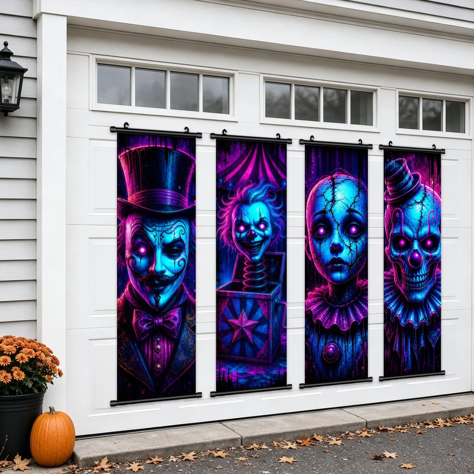 Halloween Decorations Large 4Pcs Eerie Circus Figure Portraits Vintage Vinyl Backdrop Decor Outdoor Horror Poster For Indoor Holiday Home Wall Art Wallpaper Hanging Porch Sign Banner Party Wall Decor High Quality Waterproof Painting Hd Artwork
