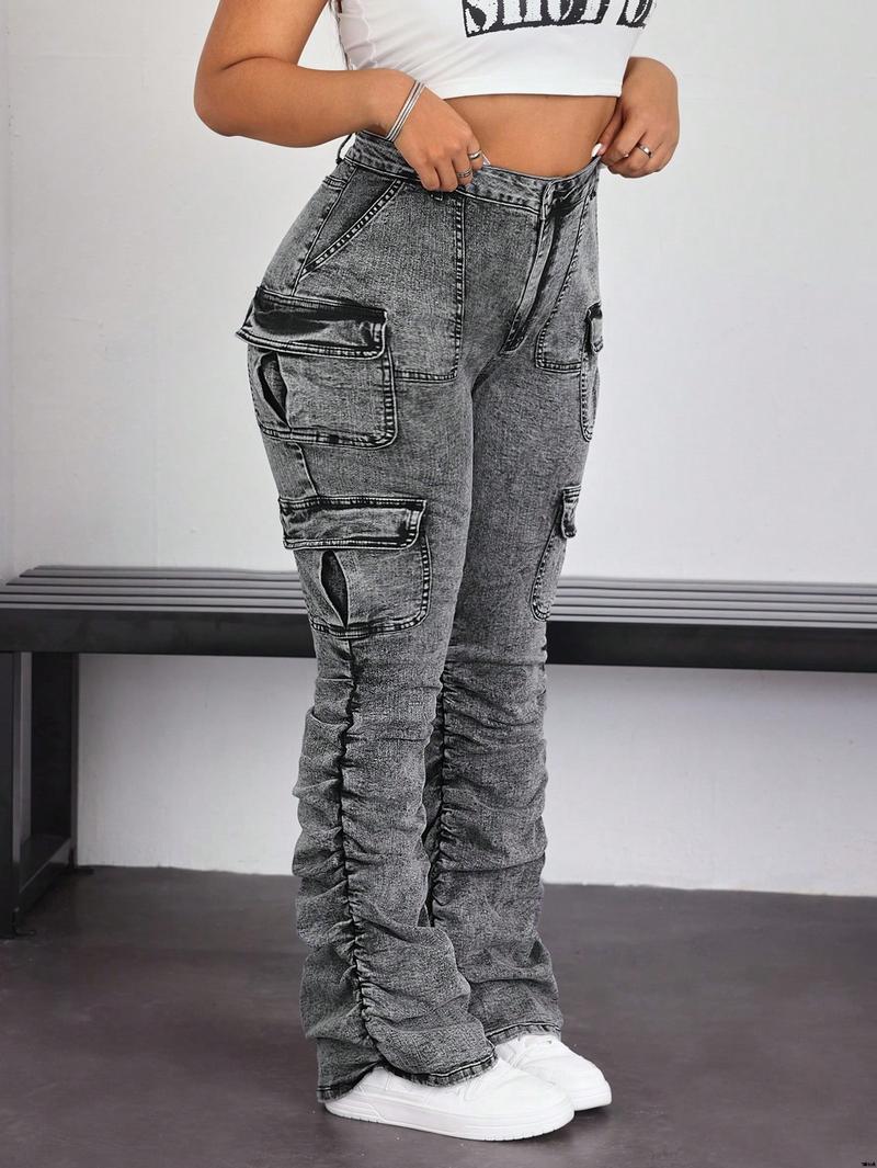 jeans style street folding pockets flap women's ICON SHEIN