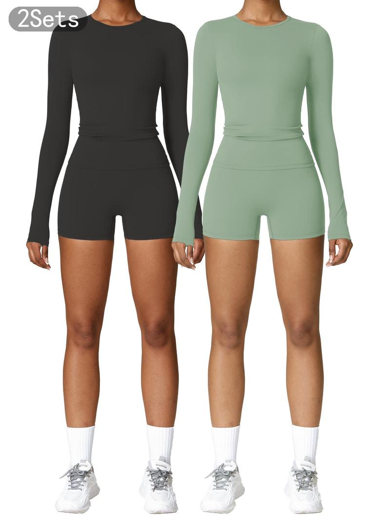 Women's Solid Round Neck Sports Tee & High Waist Shorts Tracksuit Set, Long Sleeve Tight-fitting Top & Skinny Shorts, Summer Outfits 2024, Ladies Sportswear for Indoor Outdoor Wear
