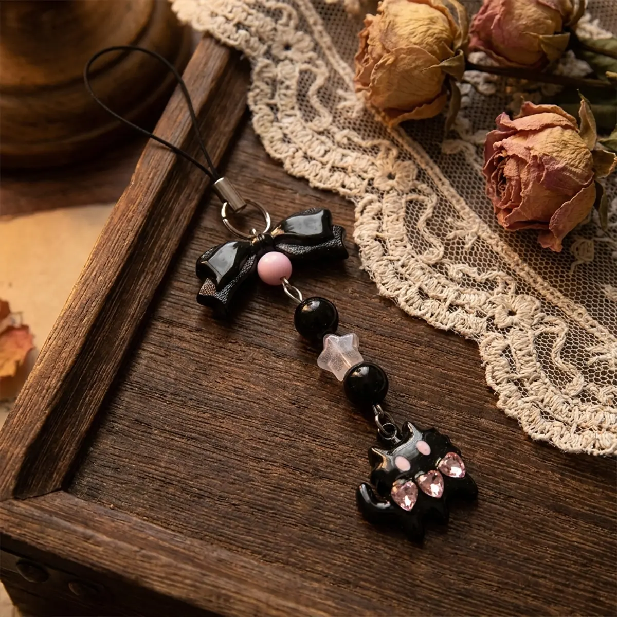 1pc Black Cat Phone Charm, Bowknot Crystal Bead Keychain Lanyard Strap With Rhinestone Pink Cat Cute Y2K Coquette Bag Charm For Phone Case Camera Backpack Women Gift
