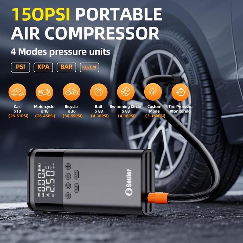 Soulor CYD22 5-in-1   with 150PSI Air Compressor, 10000mAh Portable Power Bank, LED Flashlight & SOS for Car/SUV/Truck Emergency ultra-safe
