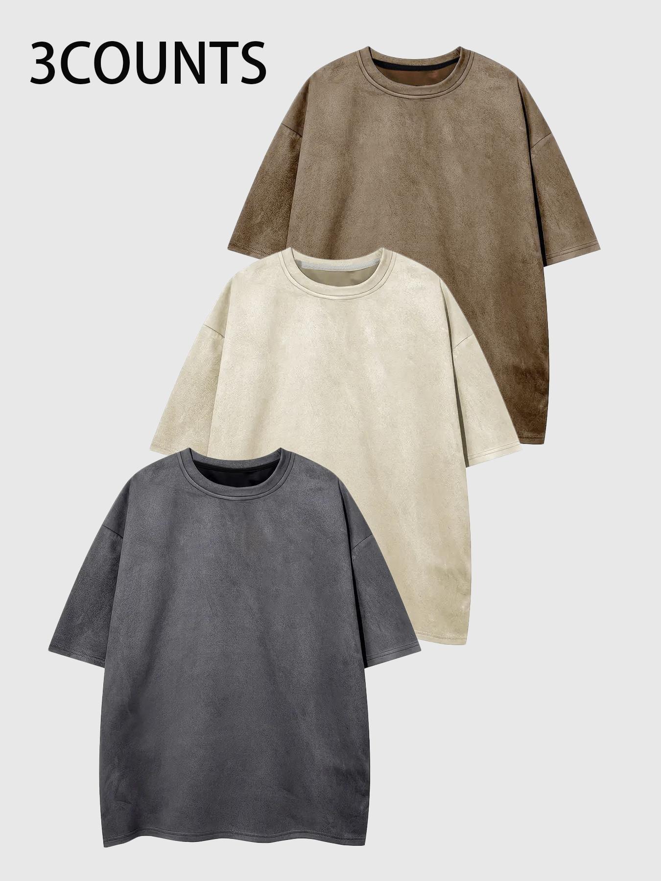 Men's Solid Color Drop Shoulder Suede Tee, Regular Fit Casual Street Style Short Sleeve Round Neck T-shirt for Summer, Men's Top for Daily Wear, Streetwear