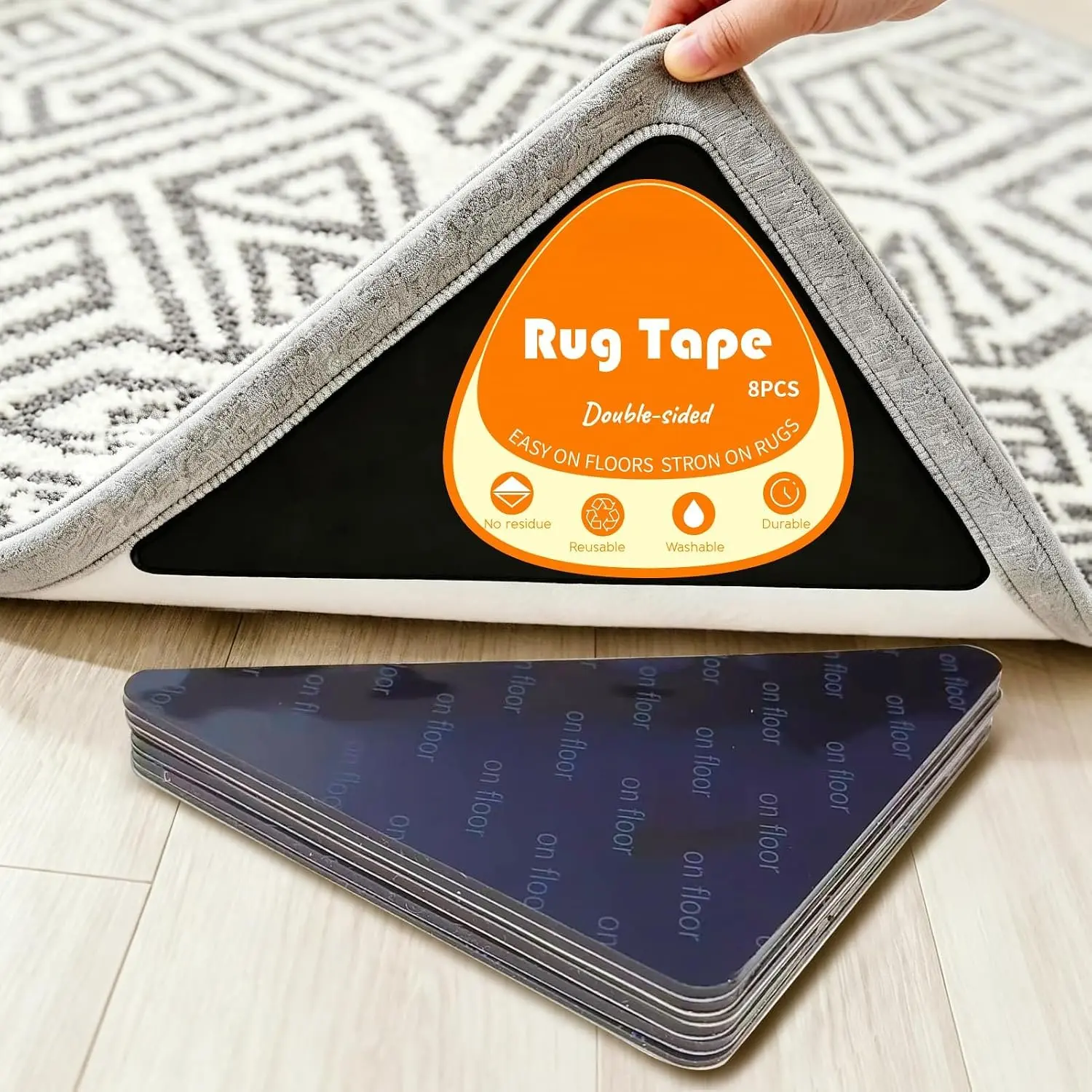 8 count Triangle Rug Tape, Non Slip Rug Pads Grippers for Hardwood Floors & Tiles,  Double Sided Carpet Tape, Rug Corner Stickers Keep Rugs Flat & in Place