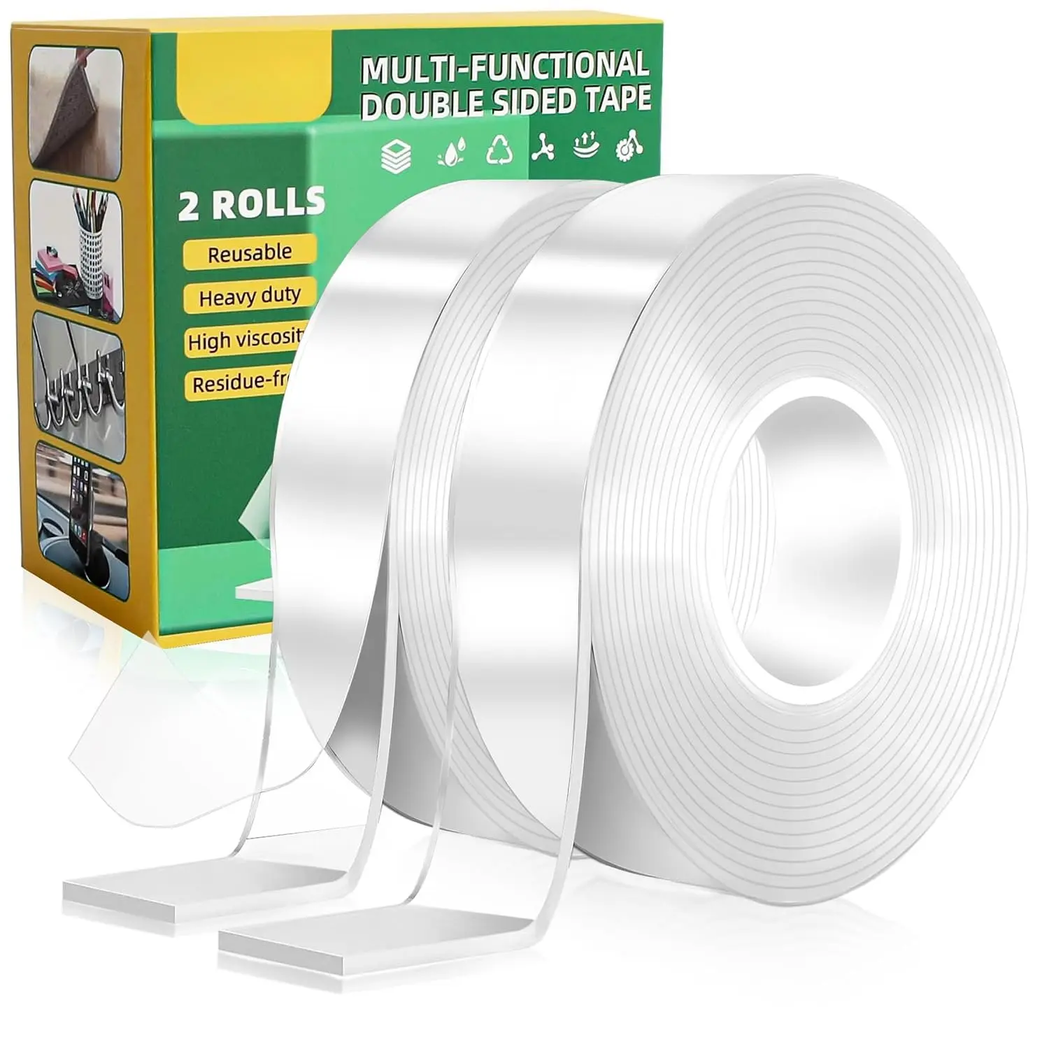 2 Rolls Double Sided Tape Heavy Duty, Nano Tape Double Sided Mounting Tape | Removable Transparent Adhesive Tape, Clear Two Sided Poster Wall Tape Strips for  Office(2 Rolls,  19.6FT)