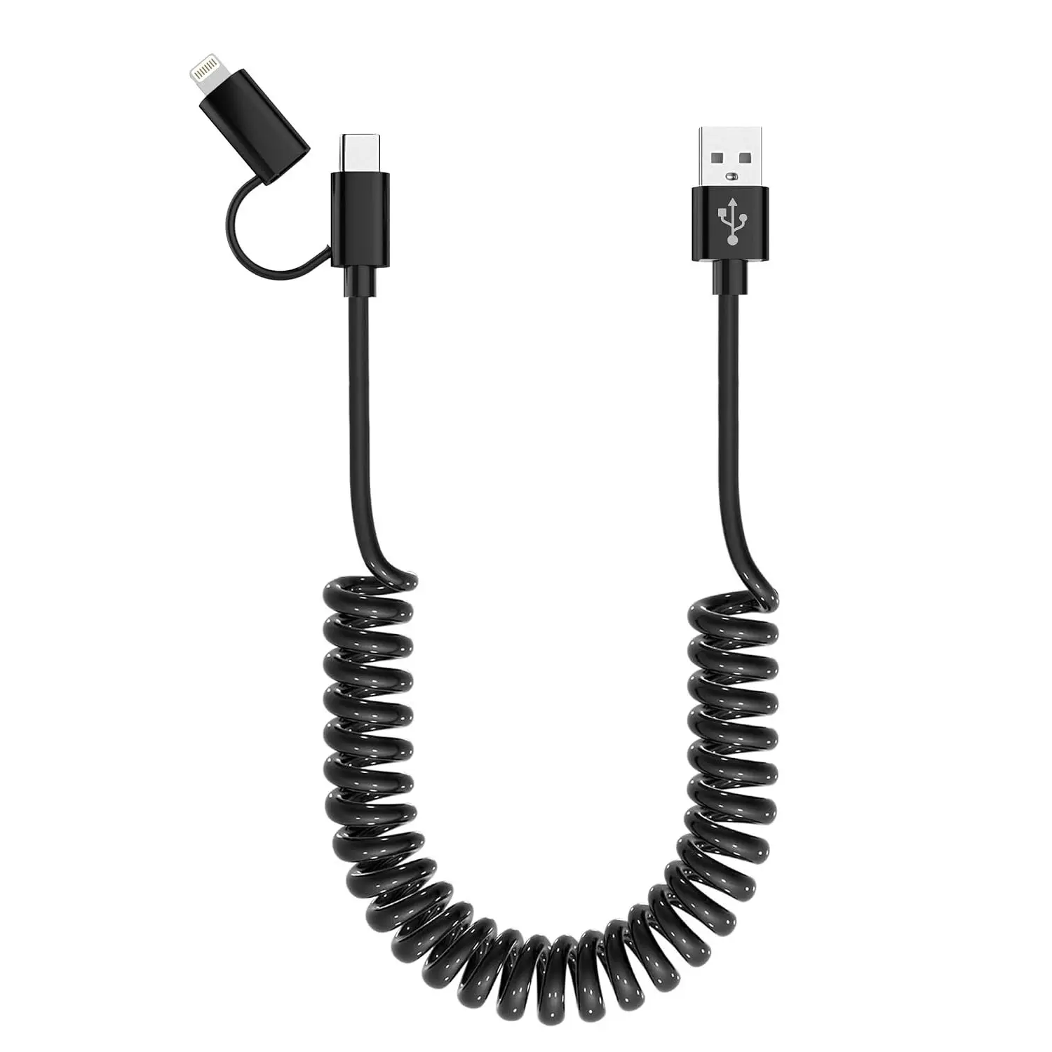 2 in 1 Coiled USB to USB-C and Lightning Cable Supports Carplay & Android Auto, MFi 3A Fast Charge & Data Sync for iPhone and AndroidGift