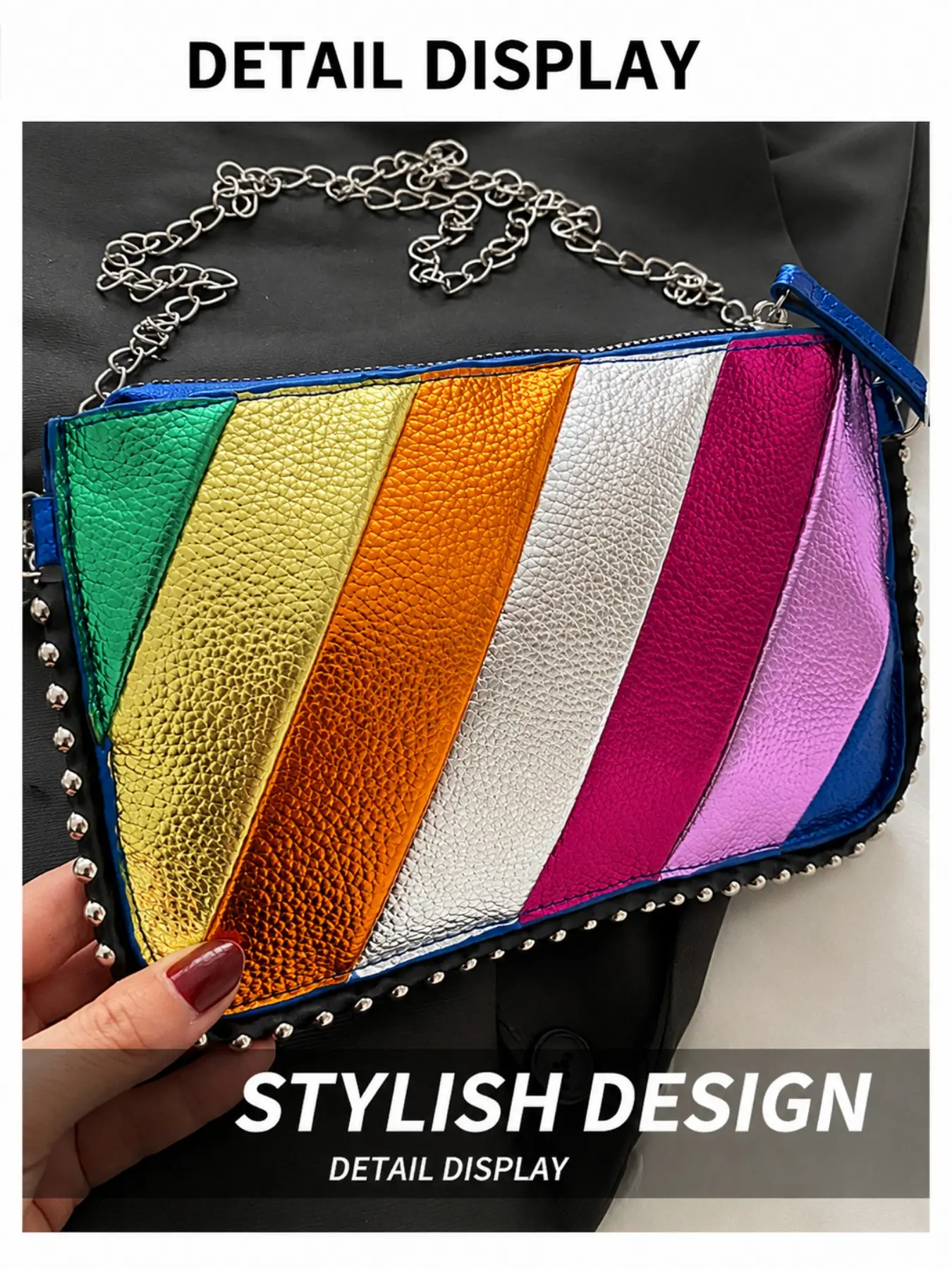 New Retro Fashion Rainbow Print Envelope Bag, Zipper Opening, Small Lightweight Minimalist Metal Chain Crossbody Bag, Shoulder Handbag with Chain, Bohemian Crossbody Bag