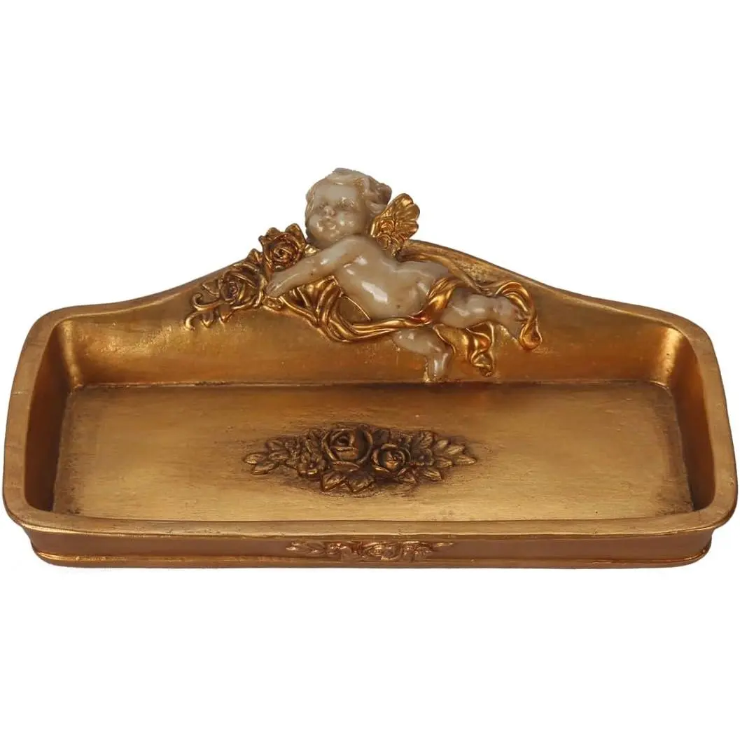 Vintage Tray Antique Trinket Dish, Small Rectangular, Ring Holder With Cherub and Floral Design,Jewelry Or Cosmetics Makeup Storage Organizer,Gift,Aesthetic Room Decor (Ivory and Gold-Cherub)