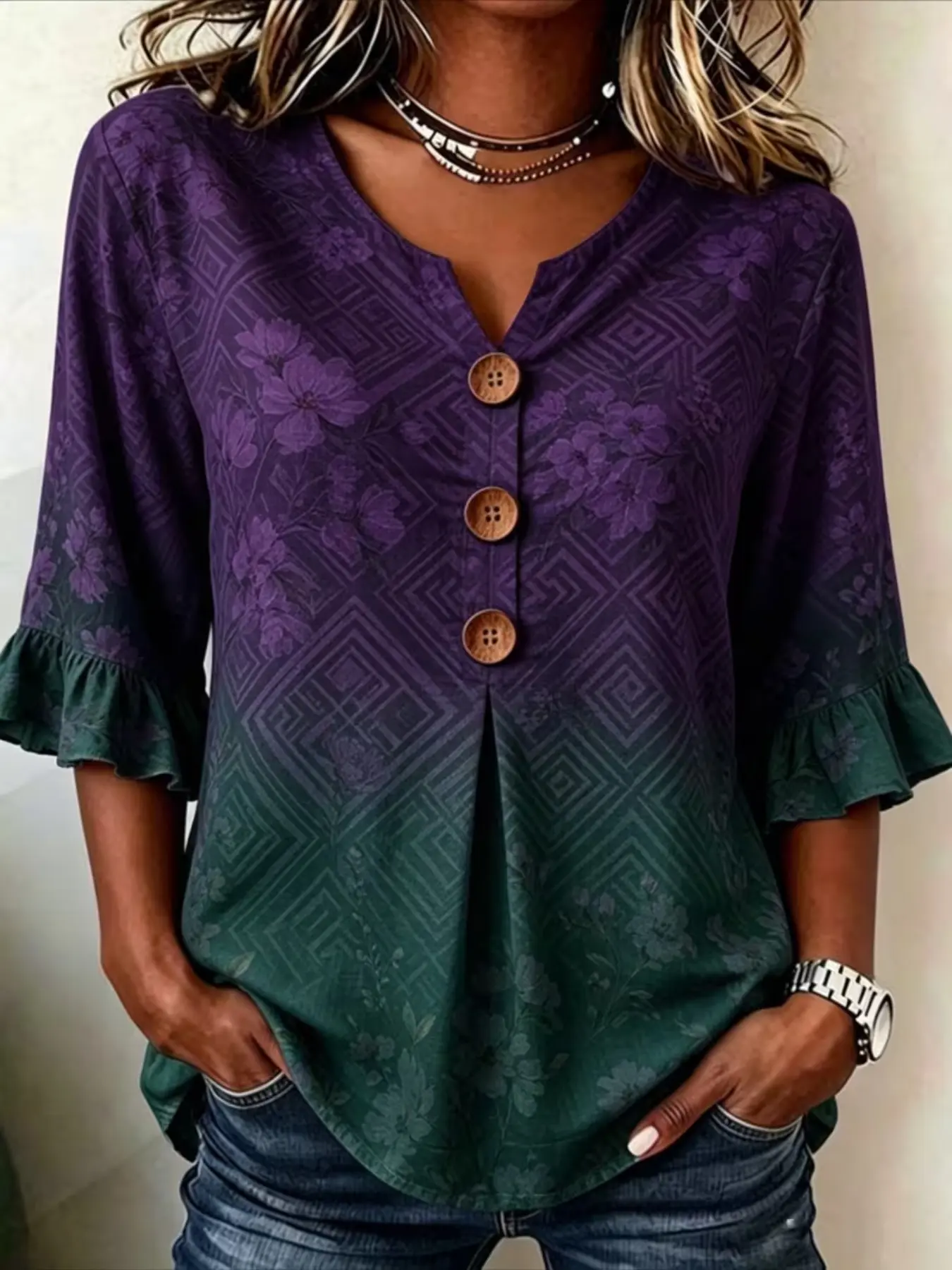 Women Sublimation Printed Tunic Blouse Top, Notch V‑Neck 3/4 Ruffle Flounce Sleeve Button Decor Pleated Shirt, Purple Green Gradient Geometric Diamond With Subtle Dark Floral Print for Daily Casual Outfit, Weekend Hangout, Autumn Holiday and Bohemian Stre