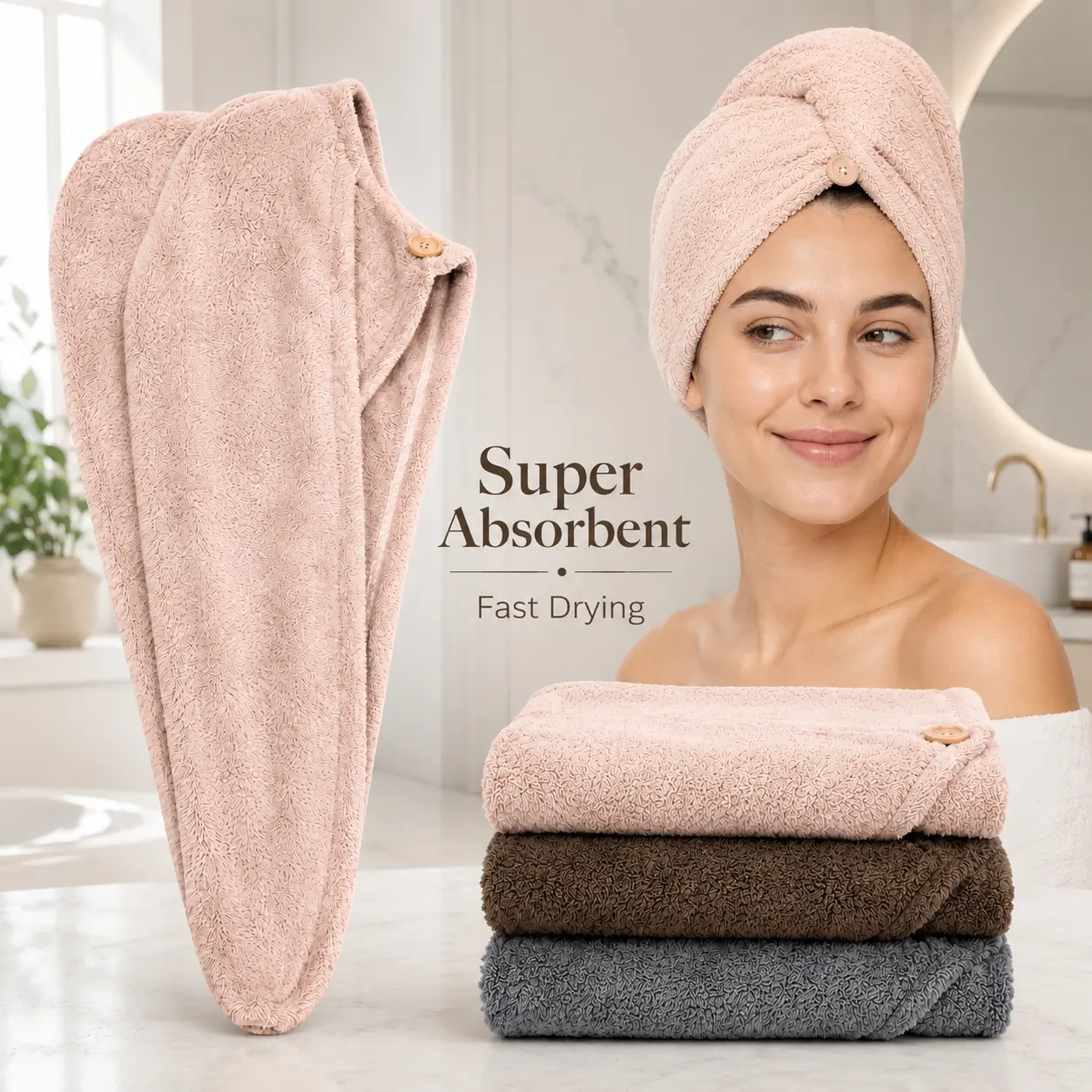 3 PCS 2026 New Coral Microfiber Hair Towel Set, Ultra-Absorbent Quick-Dry Wraps, Soft Thick Hair Hat Bath Towels, Essential Bathroom & Beauty Supplies