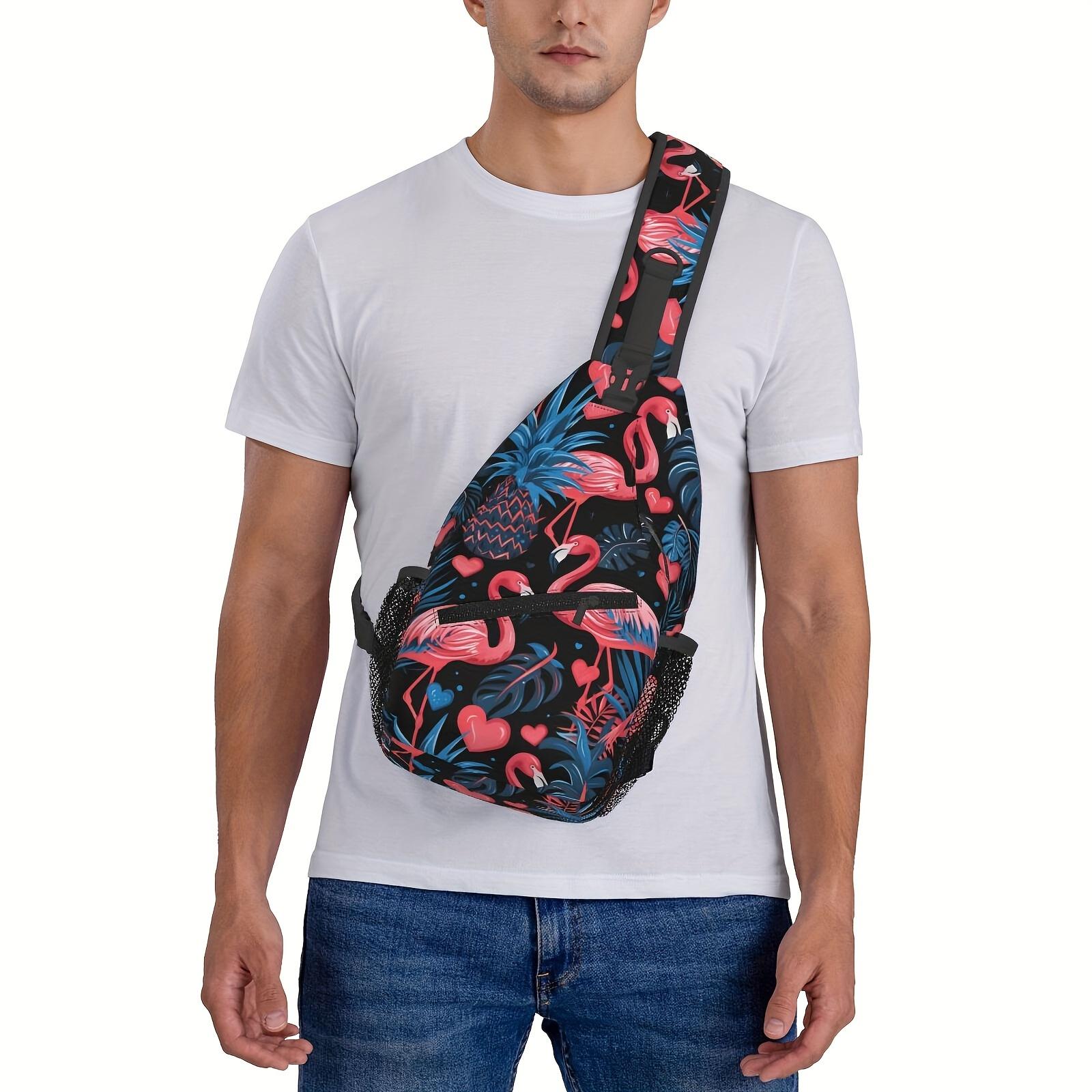 A Versatile Crossbody Chest Bag Designed for Hiking, Featuring a Stylish Palm-Leaf Flamingo Pattern. This Folding Backpack Offers Ample Storage And Durability, Making It Suitable for Shopping, Work, Leisure Travel, Beach Outings, Fishing