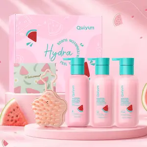 QUIYUM Watermelon Shampoo Conditioner and Body Wash Set, Niacinamide & Collagen Total Hair & Skin Care Bath Gift Basket, Refreshing Smoothing Shower Gel Duo with Star Scalp Massager Brush, Ideal for the Entire Family