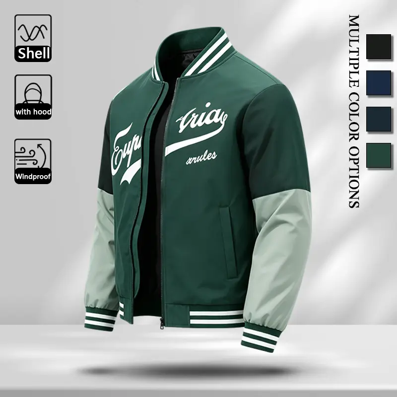 Spring Fall Men Casual Baseball Varsity Jacket, Lightweight Wind Resistant Stand Collar Zip Up Bomber Coat, Vintage Letter Graphic Printed Striped Rib Trim Outerwear, Multi Color Loose Fit Street Windbreaker Jacket for Men