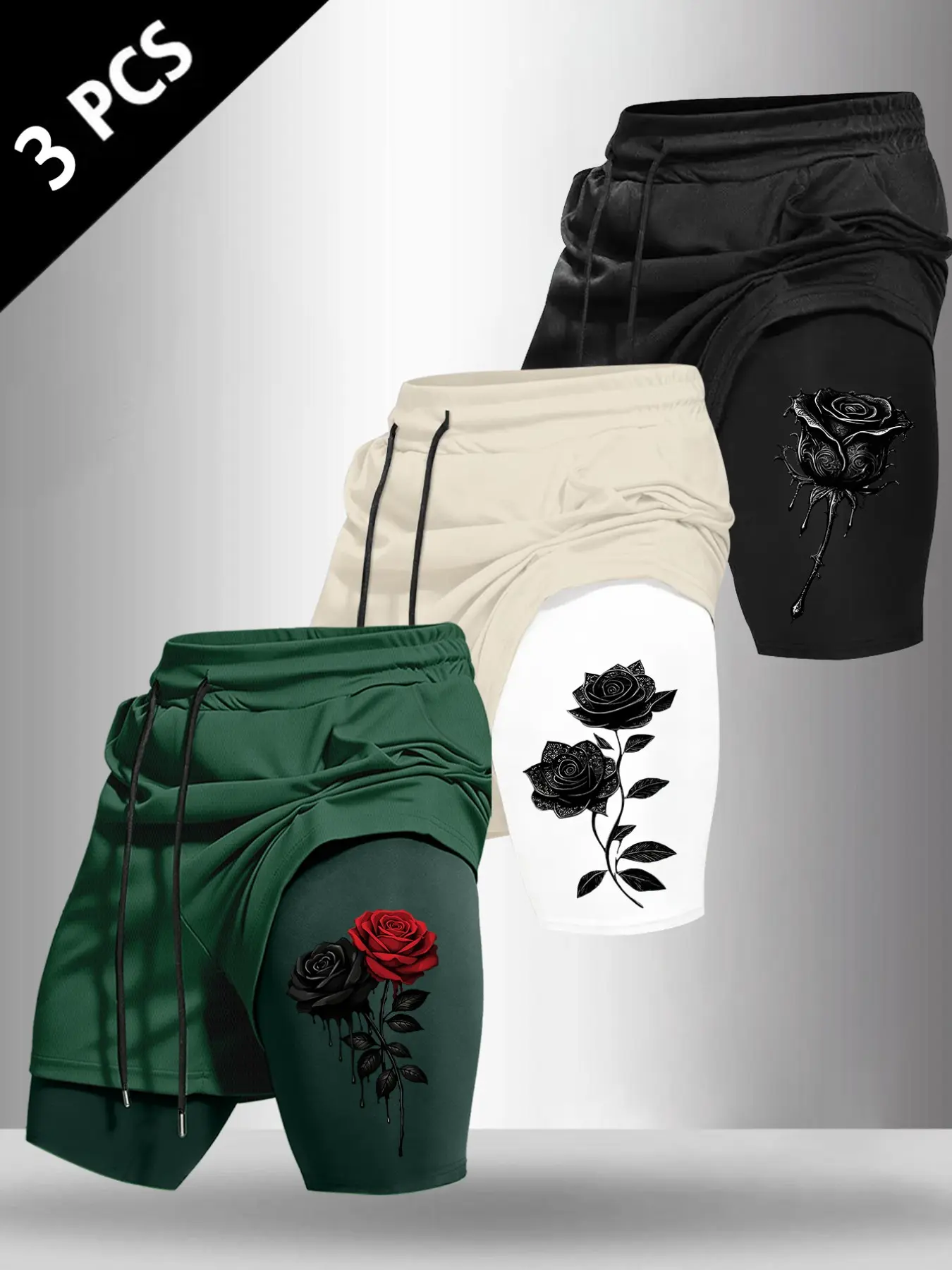 Men's 3‑Piece Shorts Set, Stretch Drawstring Waist Double‑Layer Athletic Shorts With Side Pockets, Gothic‑Style Rose Art Print, Breathable Sports Shorts, Suitable For Gym Workouts, Street‑Style Daily Sports & Casual Outfits