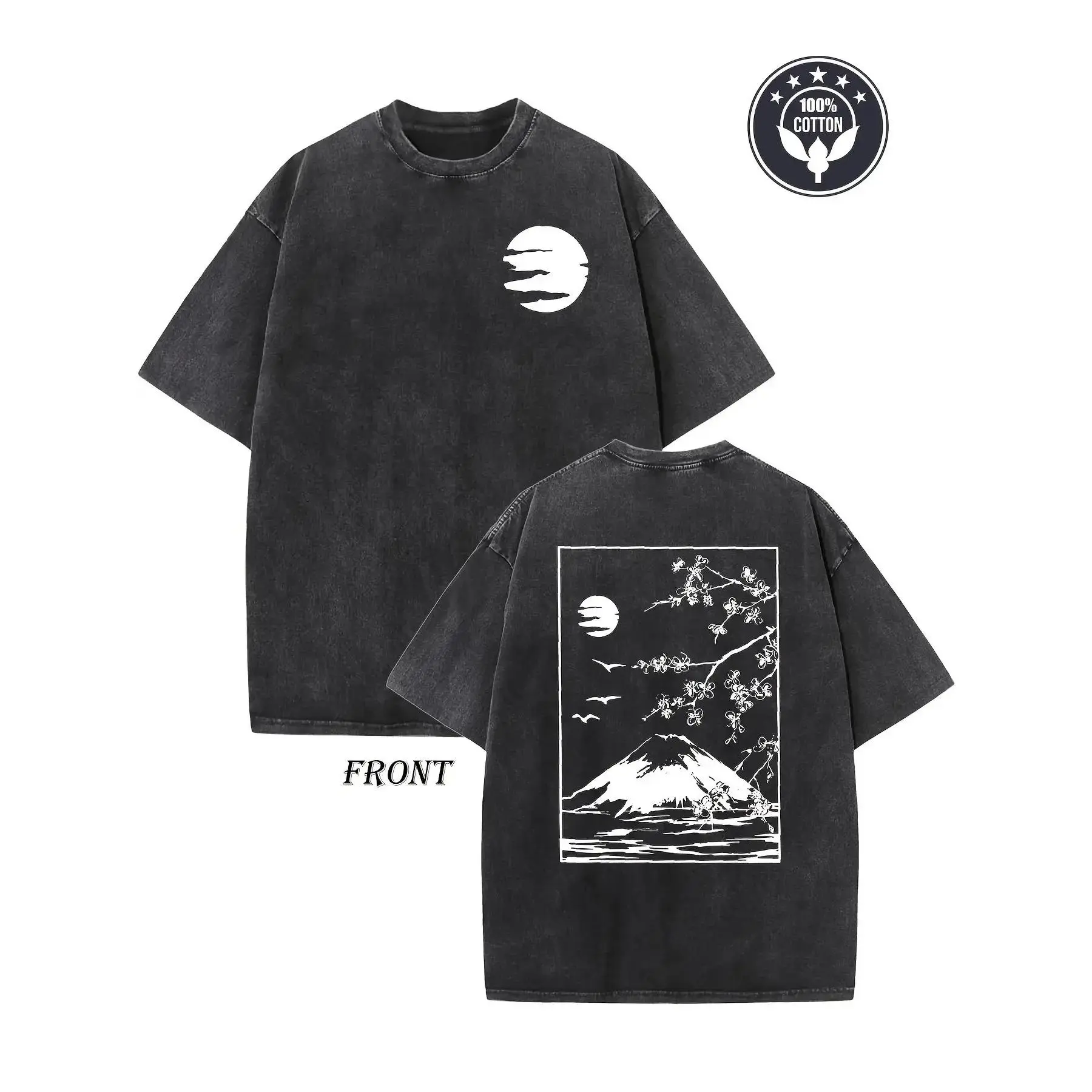 Vintage Japanese Fuji Cherry Blossom Moon Front Back Double Print T-Shirt, Washed Black Oversized Cotton Crewneck Tee, Traditional Oriental Landscape Bird Minimal Streetwear Gift Top For Men Women