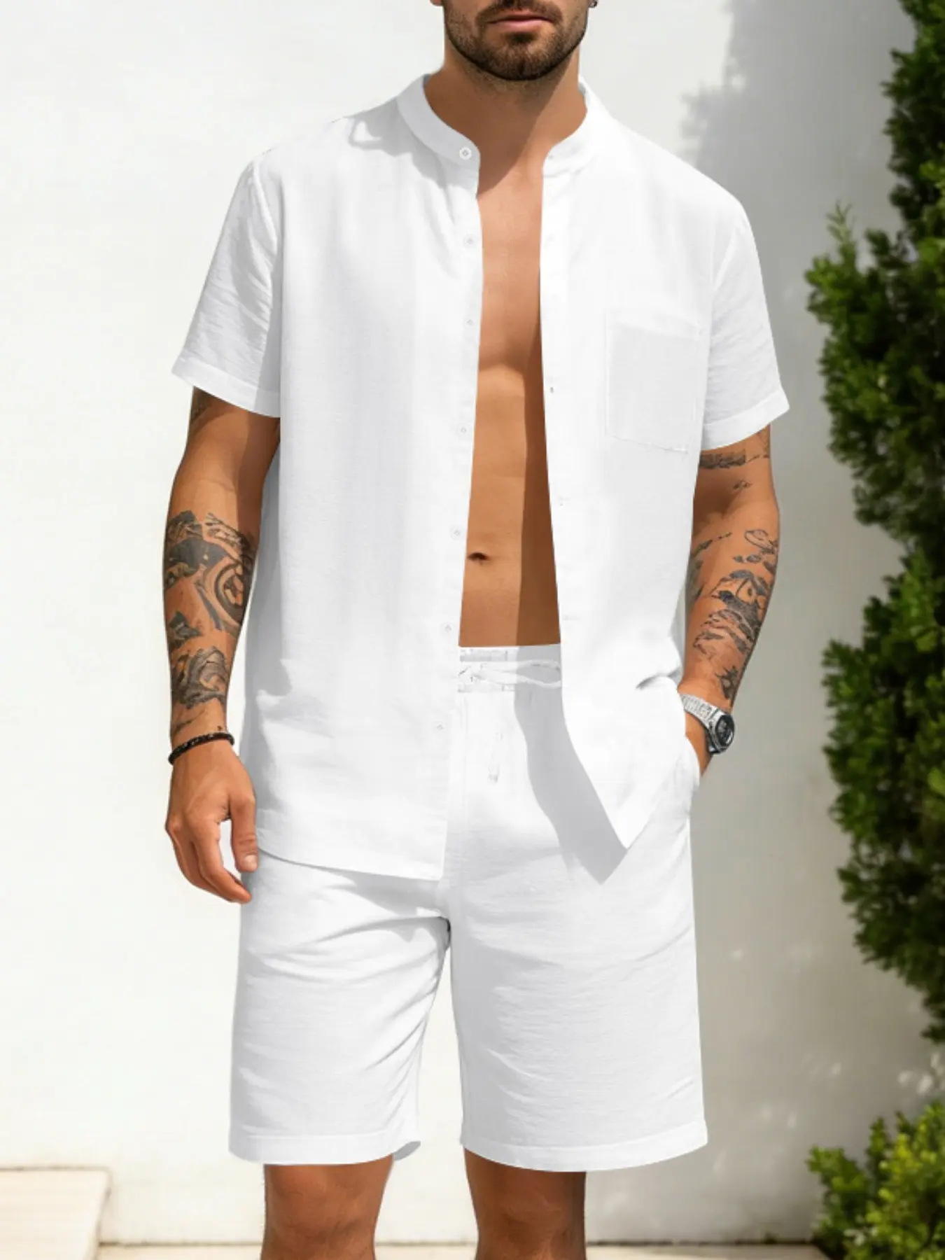 Men's Summer Hawaiian Collar Short Sleeve Shirt + Plain Track Shorts Set, Linen Two-Piece, Casual Beachwear for All Seasons