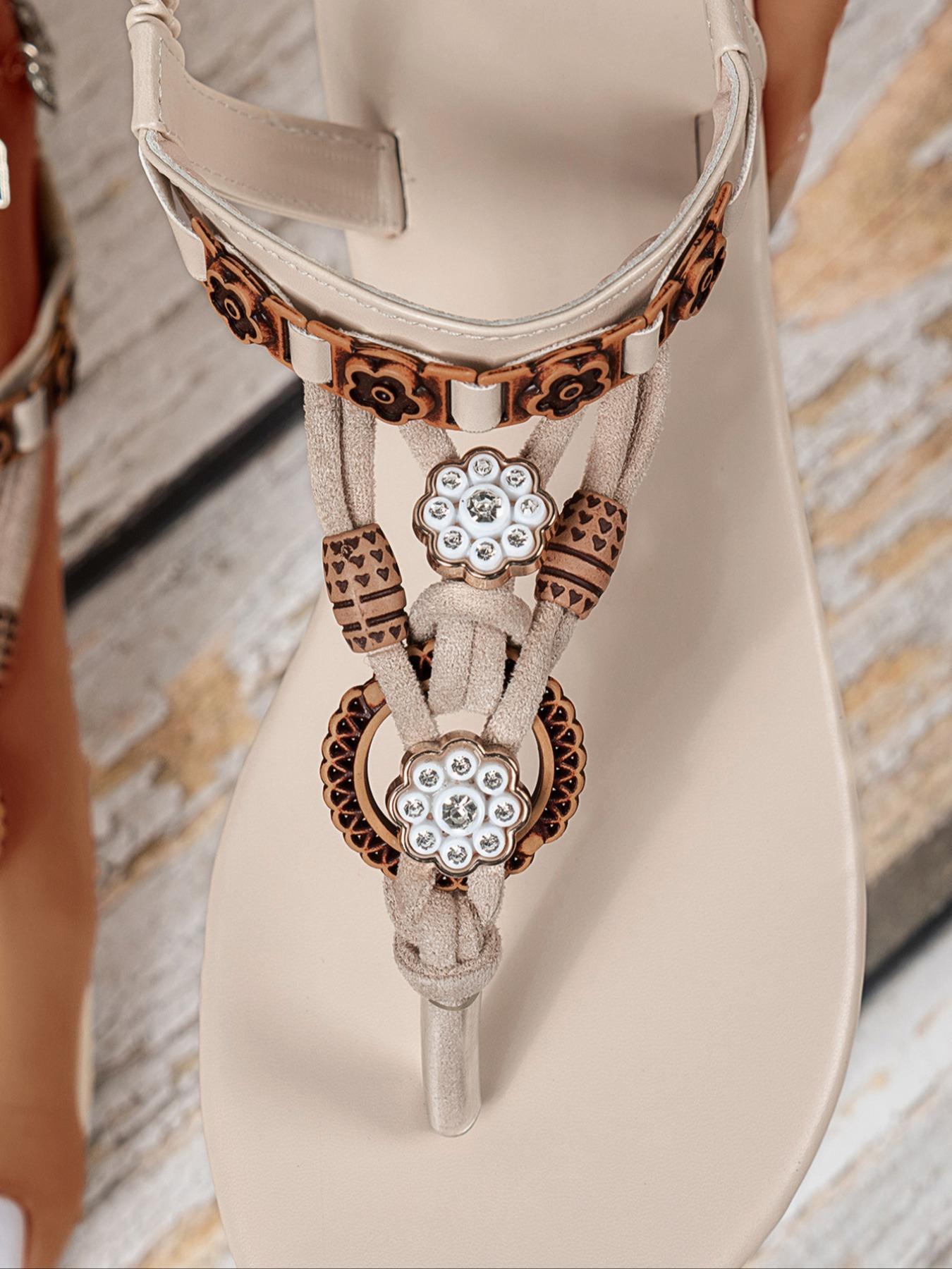 Women's Fashionable Flower Decorated Slip on Sandals, Boho Style Barefoot Sandals for Beach Vacation, Casual Open Toe Sandals for Summer, Bohemian Sandals, Shoe