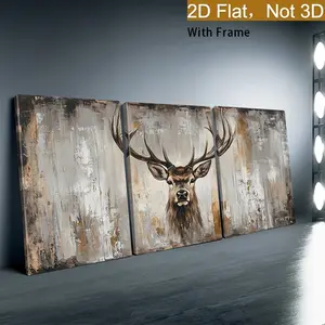 2D Flat, 3-Piece Framed Canvas Wall Art - Framed Deer Triptych Abstract Modern Art Print, Bright Aesthetic Decoration, Suitable for Living Room, Bedroom, Office, Ready to Hang, Ideal Home Decor Gift, Perfect Holiday Decoration for Halloween, Christmas, Ea
