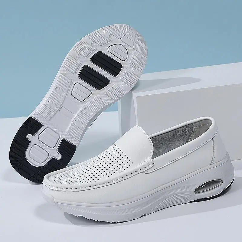 Nurse shoes breathable non-slip leather flat bottom hospital soft sole one pedal hollow doctor shoes customization