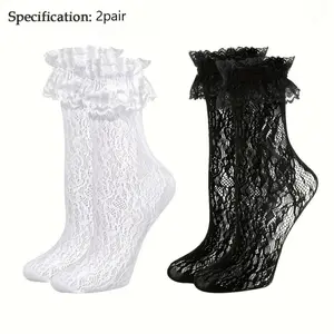 Women's 2-Pcs Y2K Lace Crew Socks, Black & White Coquette Frilly Breathable Lightweight Aesthetic Knee-High/Slouch Style, Casual Spring Summer Daily Wear Balletcore Outfit Accessories