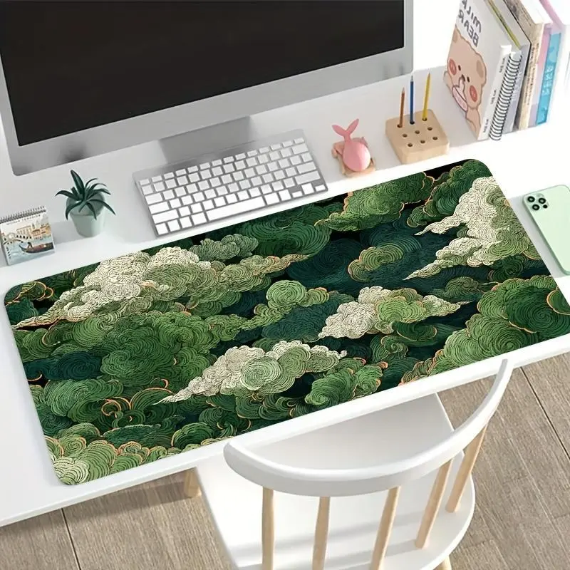 Green Cloud Print Mouse Pad - Anti-Slip Rubber Blend Base, Overlocked Seam Desk Pad, Home/Office Computer Desk Accessory for Gamers, Laptops/PCs