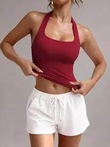 Women's Yoga Halter Neck Tank Top with Removable Pads, Three-Layer Seamless Backless Tank Tops Casual Gym Vests Solid Color Soft All Seasons Wear