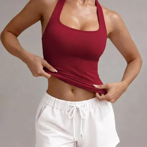 Women's Yoga Solid Removable Chest Pad Sports Halter Neck Tank Top, Casual Sporty Vest, Casual Comfort and Durability Workout Backless Top for Yoga Gym Workout, Ladies Sportswear for All Seasons, Backless Gym Clothes, Workout Tops