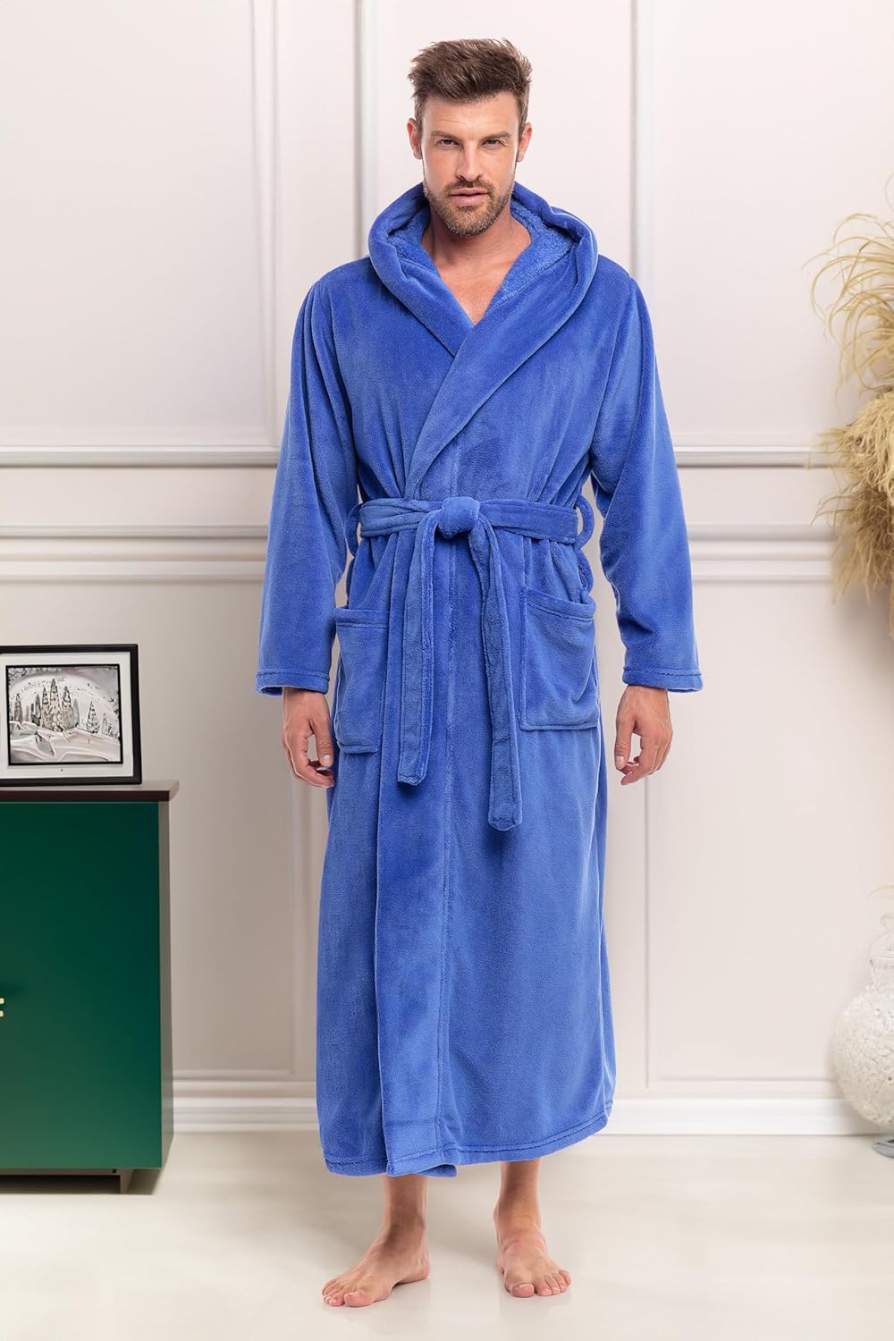 Alexander Del Rossa Mens Robe With Hood, Plush Fleece Hooded Mens Bathrobe, Big And Tall Bath Robe For Men