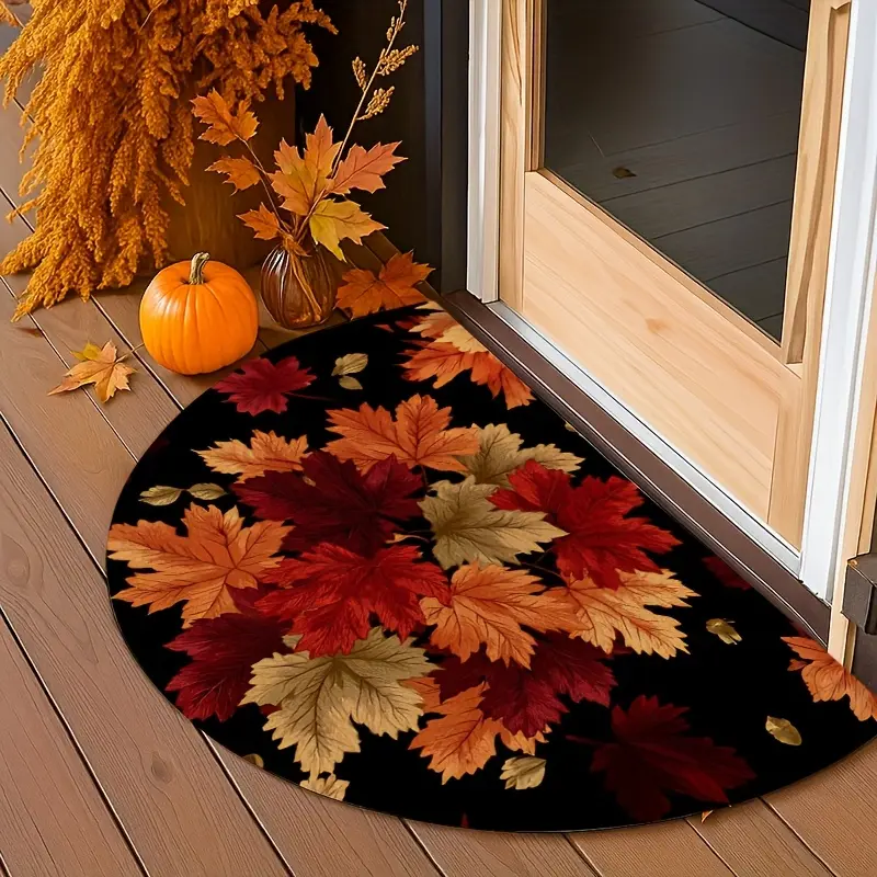 1 Pc Slip-Resistant Semi-Circular Door Mat - 2D Printed Festive Leaf Print, Thanksgiving Decor, Easy to Clean, Suitable for Entryway/Kitchen Indoors/Outdoors Christmas Rug