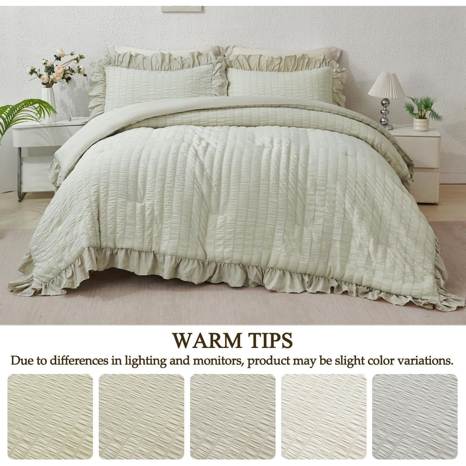 5 count  Bed Bedding Set Beige Ruffle Comforter Sets for Women Adults Seersucker Bedding Set with Ruffled Layers  Farmhouse Bed in A Bag with Sheets(Beige, )