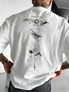 Dark Style God's Hand Tear Wing Portrait Back Print T-Shirt, Trendy Oversize Half Sleeve, Casual Crop Top