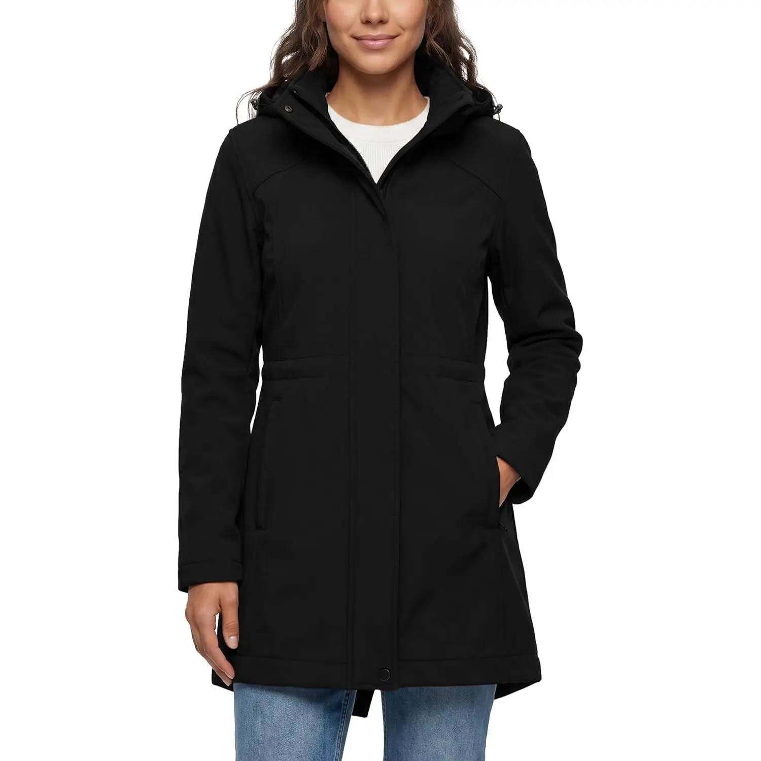 Women's Softshell Rain Jacket Lightweight Waterproof Fleece Lined Windbreaker Jacket with Hood